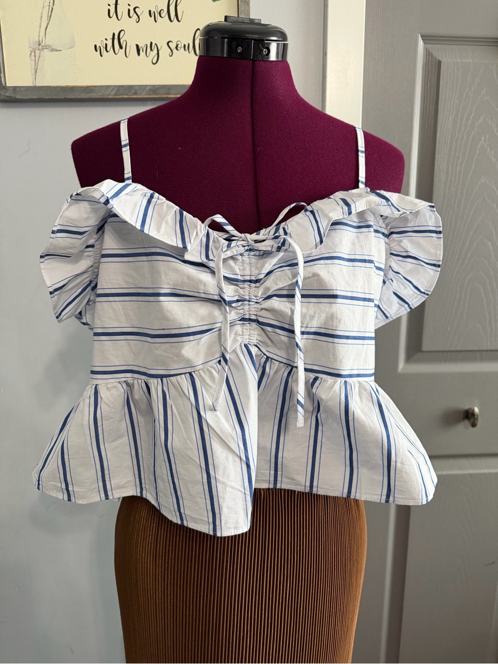 Express White & Blue Striped Ruffle Off-Shoulder Camisole